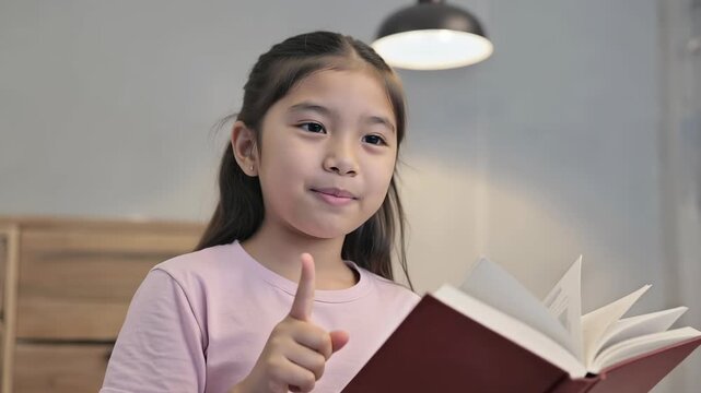 Young Asian Girl Reading Book with Enthusiasm, Giving Thumbs Up &ndash; Educational Concept and Learning at Home