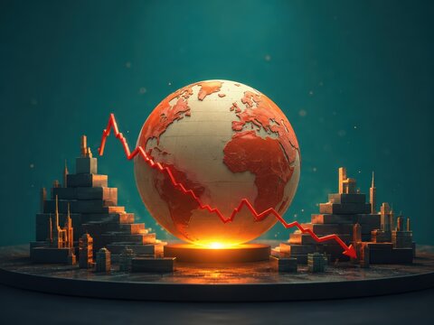 Global Economic Downturn: A symbolic representation of a worldwide financial crisis, featuring a globe at the center with a downward-trending graph indicating a recession.