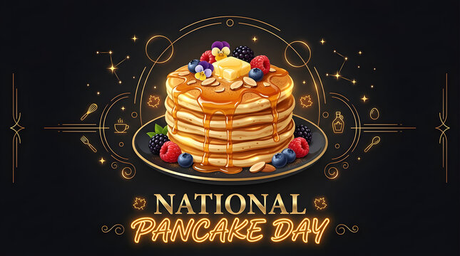 National pancake day glowing illustration with syrup pancake stack and fruit toppings, pancakes