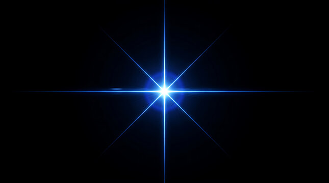 Minimalist blue star cross flare with sharp radiant light rays on black