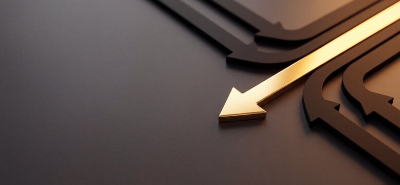 An independent path to success, 3D rendered gold arrow leading forward, dark minimal background with copy space