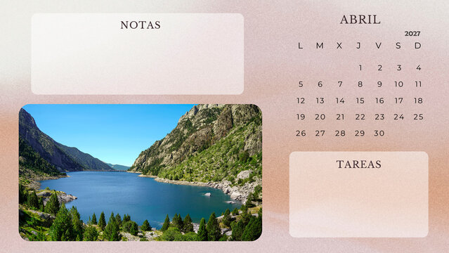 April 2027 Calendar Printable Minimalist Mountain Lake Planner. spanish calendar