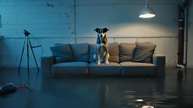 Flooded Living Room with Dog Sitting Patiently on Sofa Amidst Water Damage &ndash; Insurance Claim Scenario