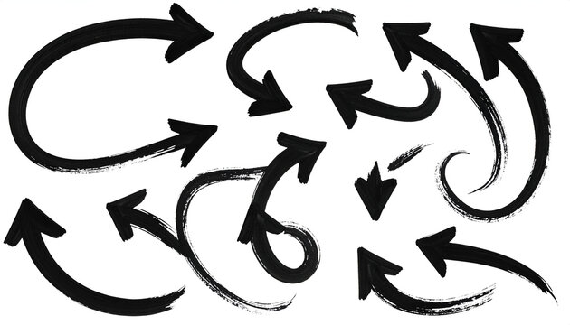 Black, brushstroke-style arrows in various curved and pointed directions on a white background, suggesting movement and guidance