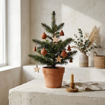 Small potted Christmas tree decorated with rustic wooden and clay ornaments