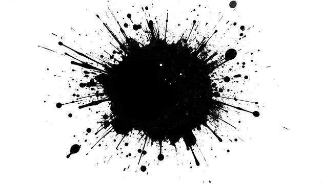 Black ink blot on a clean white background. Spatter of ink spreading outwards. Dots and lines radiating