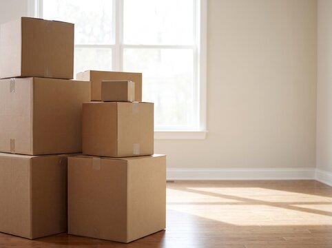 Stack of brown cardboard moving boxes inside empty room with wooden hardwood floor and window in new home or apartment