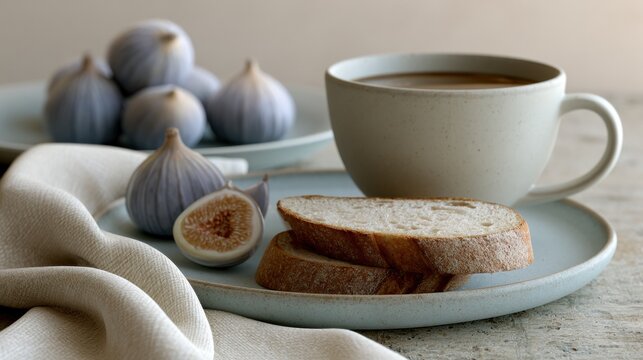 Table setting with a white cup of coffee and a slice of bread on a light blue plate. there are also a few whole figs scattered around the plate.