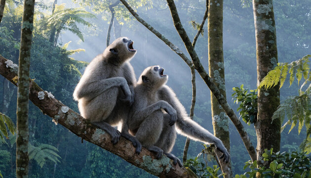 Gray gibbons (Hylobates muelleri) calling on trees branch in early morning in rainforest, Sabah, Borneo, Malaysia.
