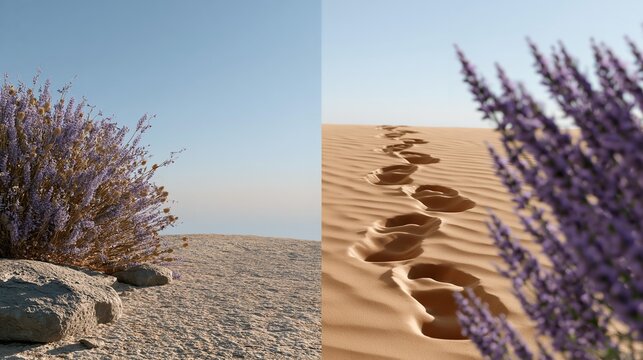 Footprints mark the sandy dune's quiet surface. Lavender blooms sway under soft, golden light.
