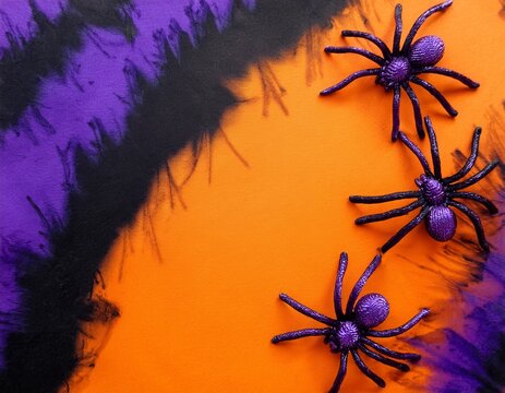 Top view of halloween tie and dye black, purple and orange background with purple spiders and lateral copy space