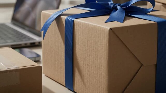 Online Shopping Concept with Laptop Smartphone and Gift Packages at Home