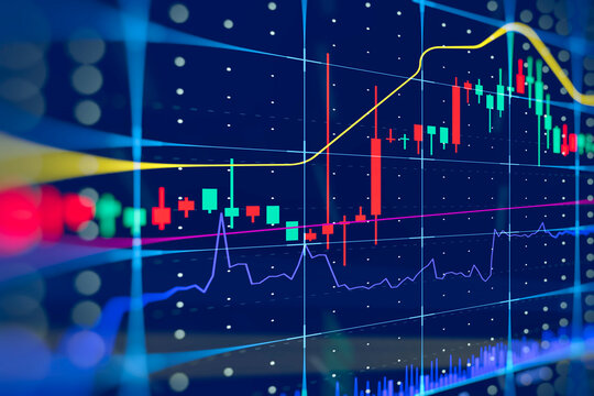 Digital trading chart showing candlestick patterns, trend lines, and indicators on dark blue background. Concept for stock market analysis, forex trading, and financial technology.