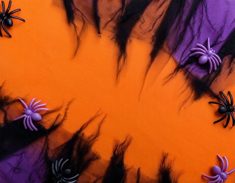 Top view of halloween tie and dye black, purple and orange background with purple spiders and lateral copy space