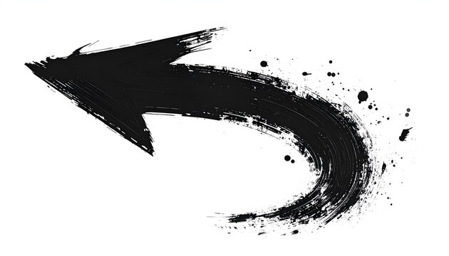 Black, curved arrow pointing left. Brushstrokes create a textured effect, with splatters around its trailing edge on white