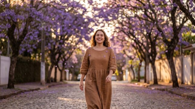 Joyful Woman Walking Down Cobblestone Street Lined with Blooming Jacaranda Trees in Spring