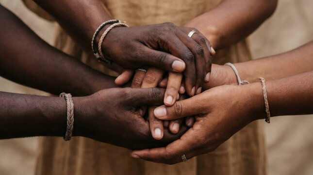 Diverse hands clasped together showing unity and connection with braided bracelets and rings