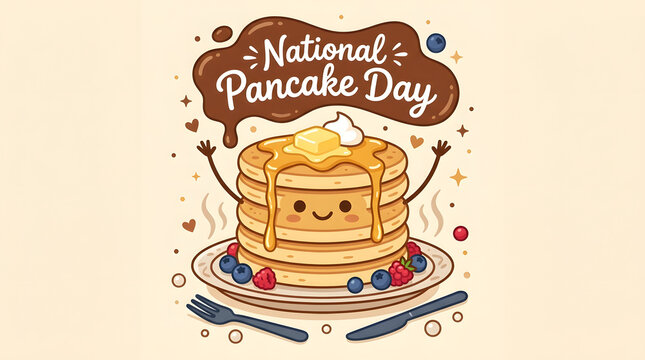 Cute cartoon pancake stack with a happy face for national pancake day celebration design, pancakes