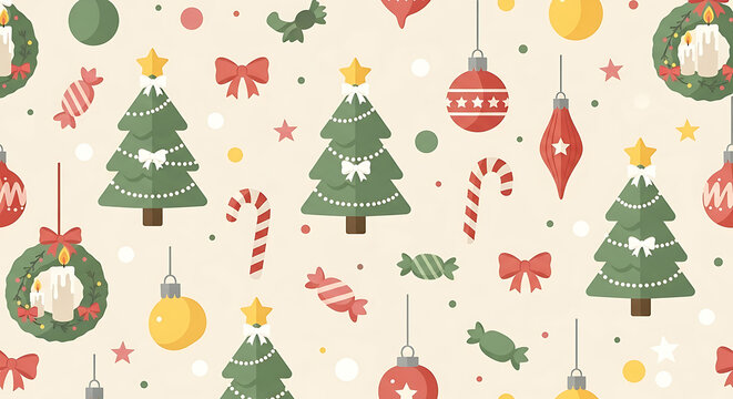 Seamless texture Seamless Christmas pattern with a festive background featuring winter holiday elements and flat vector xmas decoration ornaments