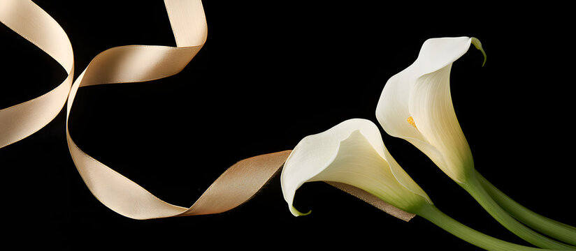 A sophisticated black backdrop with a ornate funeral photo frame, featuring two white lilies and a gentle gold ribbon at the upper left.