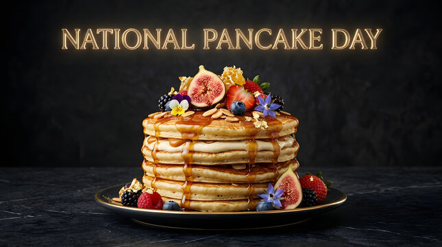 National pancake day concept with a gourmet pancake stack topped with figs and berries, pancakes
