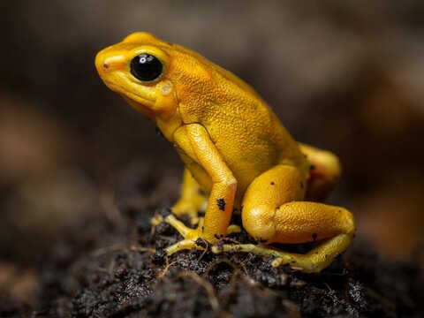 Bright yellow frog sitting on dark moist soil, striking amphibian with glossy black eye, vivid natural wildlife detail, flat vector illustration
