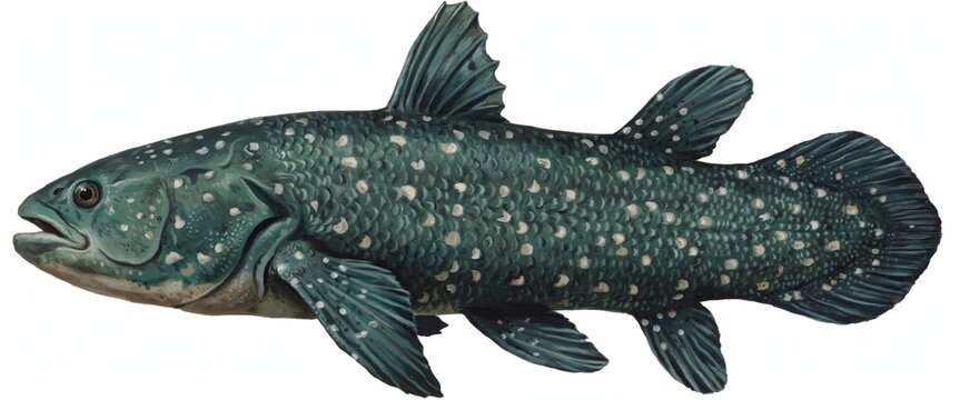 "Rare prehistoric coelacanth deep sea fish living fossil with ancient lineage, lobed fins, marine biology evolution concept, flat vector illustration"