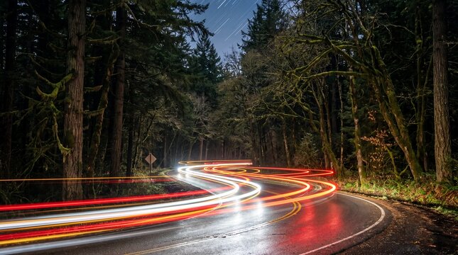Dynamic long exposure photograph of vibrant car light trails on a curving road at night through a dark forest.