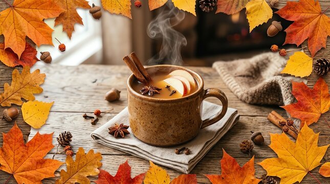 A warm mug of hot apple cider with cinnamon sticks and star anise surrounded by colorful autumn leaves