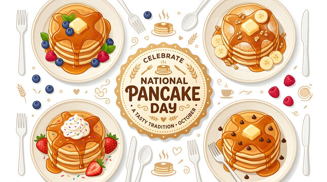 National pancake day food collage with various pancake stacks and seasonal fruit toppings, pancakes