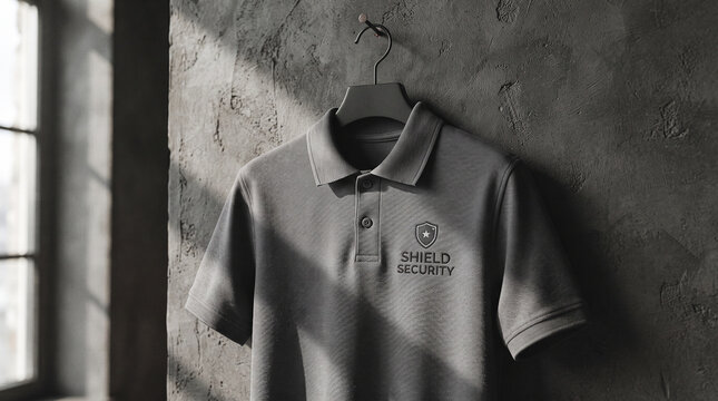 Grey polo shirt mockup hanging on textured concrete wall with embroidered Shield Security logo and window light