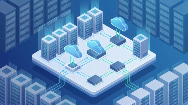 Isometric cloud computing server room, blue data center network infrastructure, digital hosting technology and storage farm