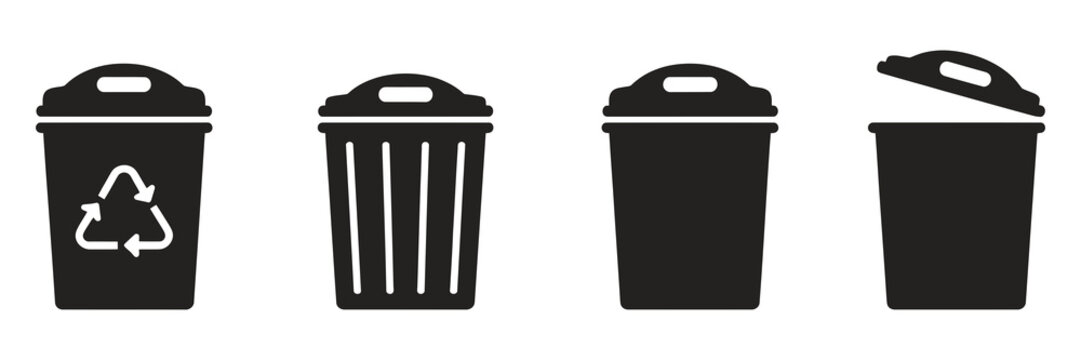 black silhouette trash can and recycling bin icon set