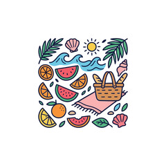 Fototapeta premium A colorful summer picnic illustration with fruit and beach items