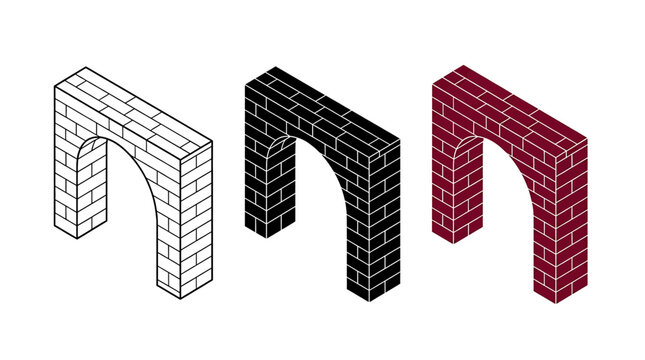 Set of three isometric brick archways in different styles, isolated on white background for architectural design projects