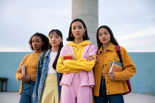 Group of four diverse female students standing confidently outdoors, wearing colorful casual clothing, holding books, with a modern architectural structure in the background
