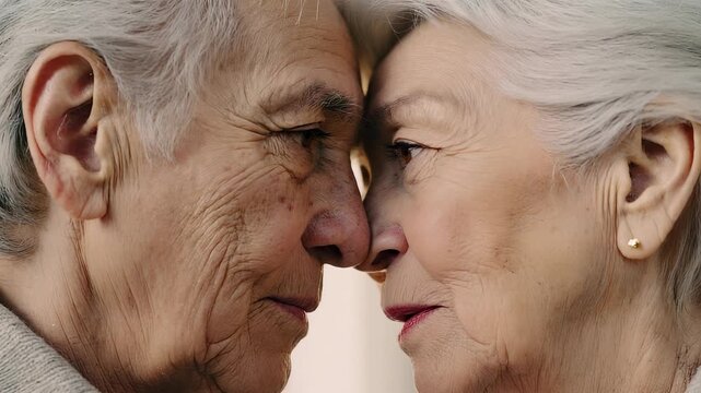 Elderly Asian Couple Touching Noses in Intimate Moment &ndash; Love, Connection, and Shared History Portrait