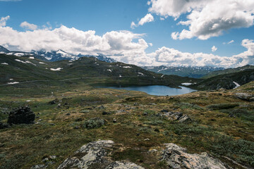 Panoramic vista across the vast Arctic tundra of Sognefjellet plateau featuring a calm glacial lake and snowy mountain ranges under summer clouds in Norway © Michele