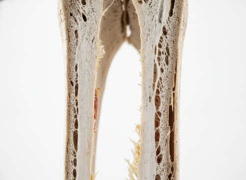 Cross Section of a Real Bone Showing Internal Porous Structure and Marrow Cavity, concept of biological structure and bone density
