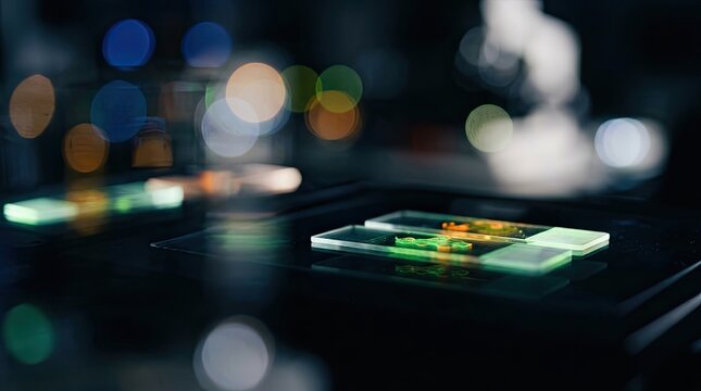 Fluorescent microscope slides in a dark science research laboratory for medical analysis.