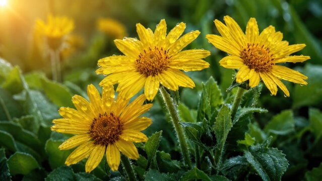 Sunlit yellow daisy flowers with dewy petals and green foliage, close-up macro revealing detailed centers
