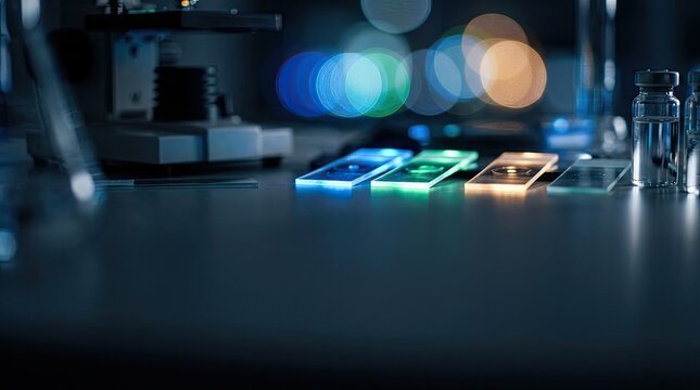 Futuristic biotechnology lab with glowing microscope slides for scientific research and discovery.