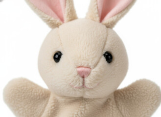 Fototapeta premium Close-up Portrait of a Soft Beige Plush Rabbit Toy Isolated on White Background