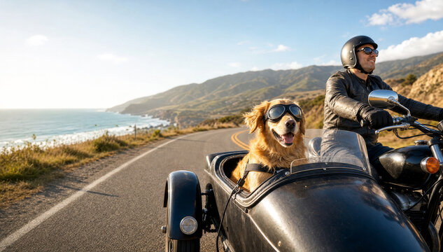 dog motorcycle sidecar rider helmet goggle coastal road happy dog wearing protective goggle sidecar with rider scenic coastal road near ocean