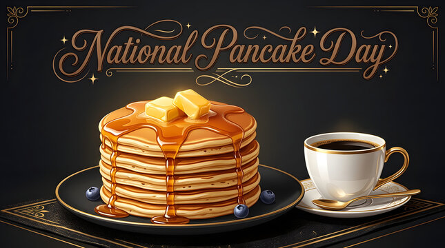 National pancake day golden stack with butter and maple syrup beside a hot cup of coffee, breakfast