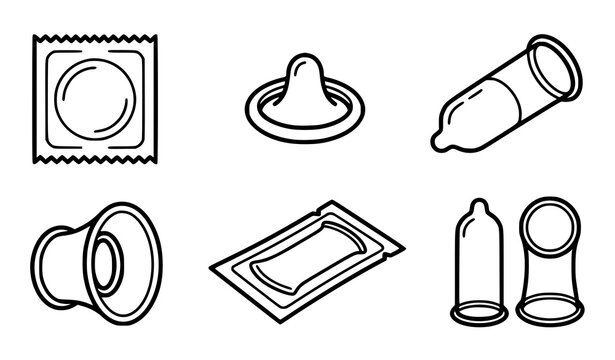 Collection of Condom Packaging and Contraceptive Product Outline Icons for Sexual Health and Protection Vector Set