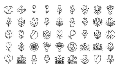Obraz premium Collection of Decorative Flower and Botanical Plant Outline Icons Different Floral Designs Vector Illustration Set