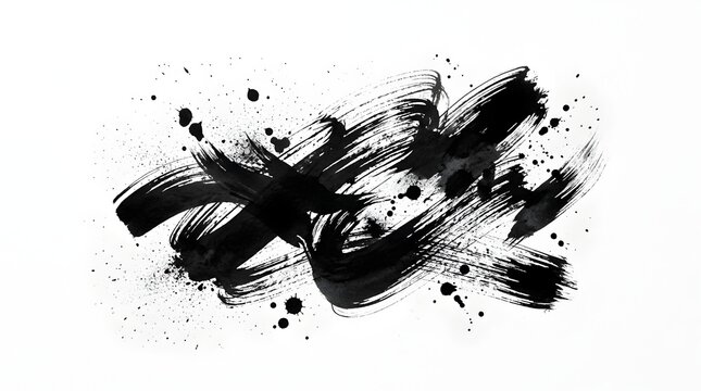 Abstract black ink brush stroke texture with paint splatters isolated on a white background