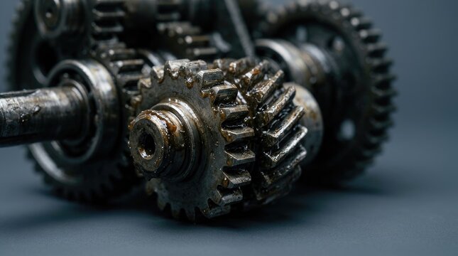 Close-up of greasy metal gears, industrial machinery detail