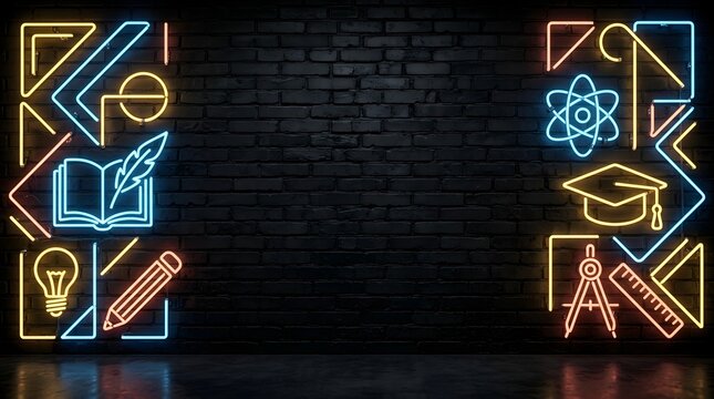 Neon education signs with school supplies and academic icons on a dark brick wall background with copy space